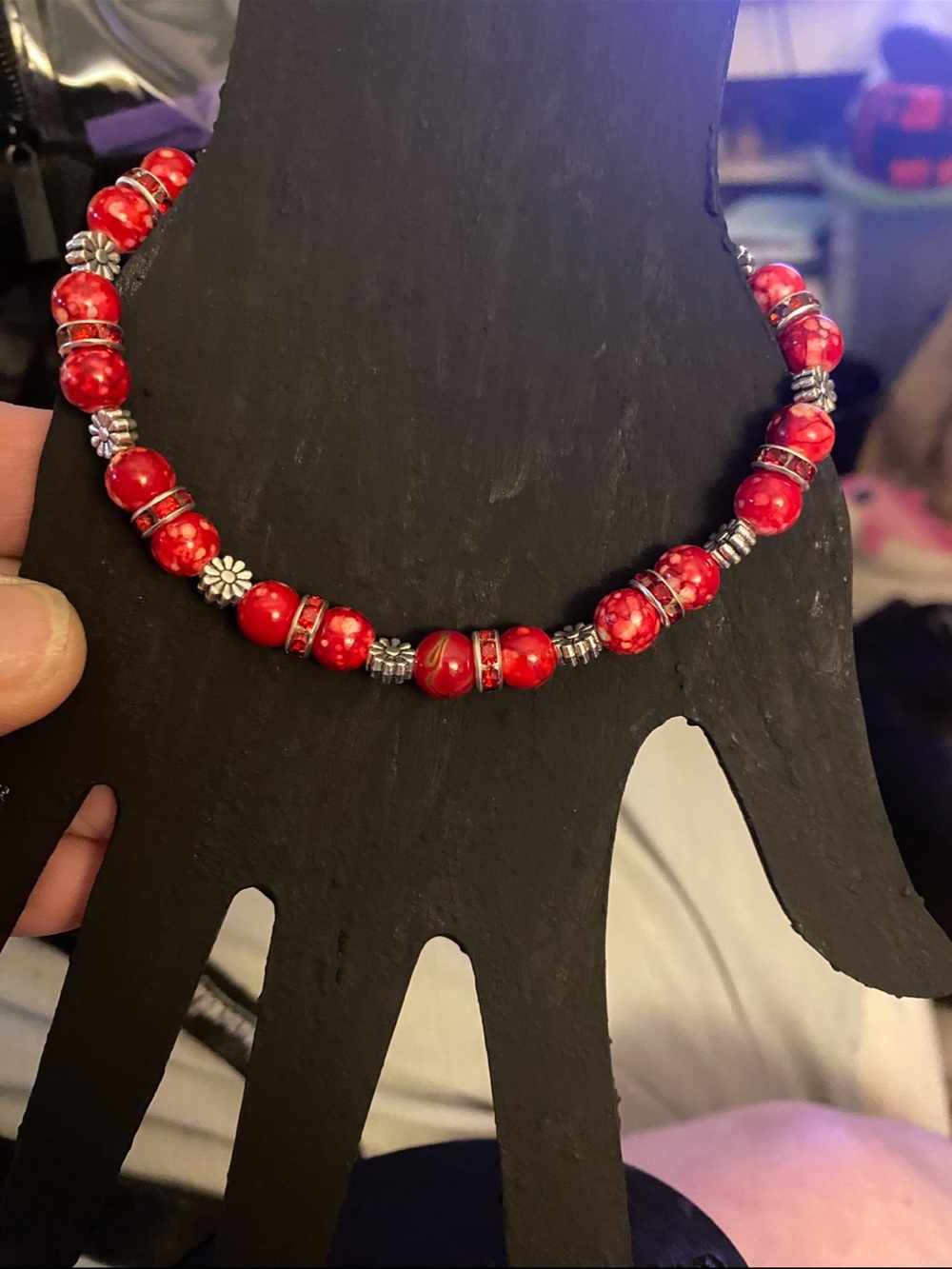 Red Beaded Bracelet with Silver Accents - Women’s Fashion Bracelet